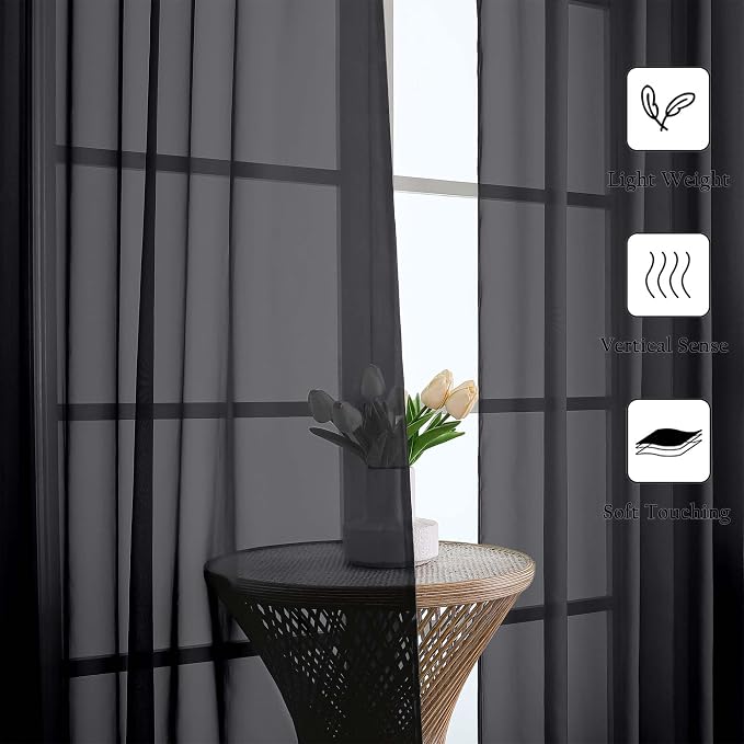 Lecloud Black Sheer Curtains 63 Inch Length 2 Panels, Voile Light Filtering - Image 6
