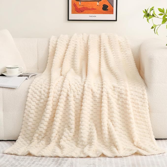 Puncuntex Cream White Throw Blanket 60"×80" inches Fuzzy 3D Jacquard Decorative by Puncuntex