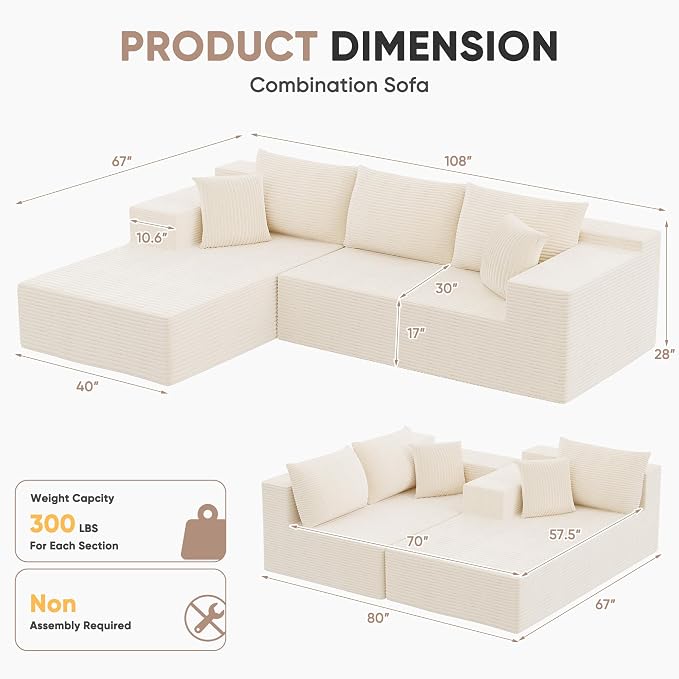 Homall 108" Modular Sectional Sofa, Boneless Couch - Image 2