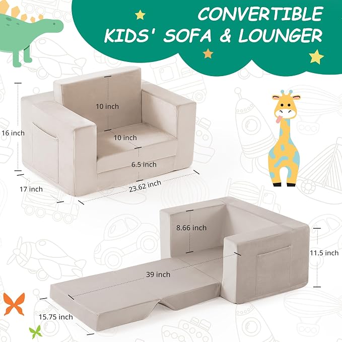 Kids Couch, 2-in-1 Toddler Chair Comfy 1-3 Years, Convertible Kids Chair - Image 3