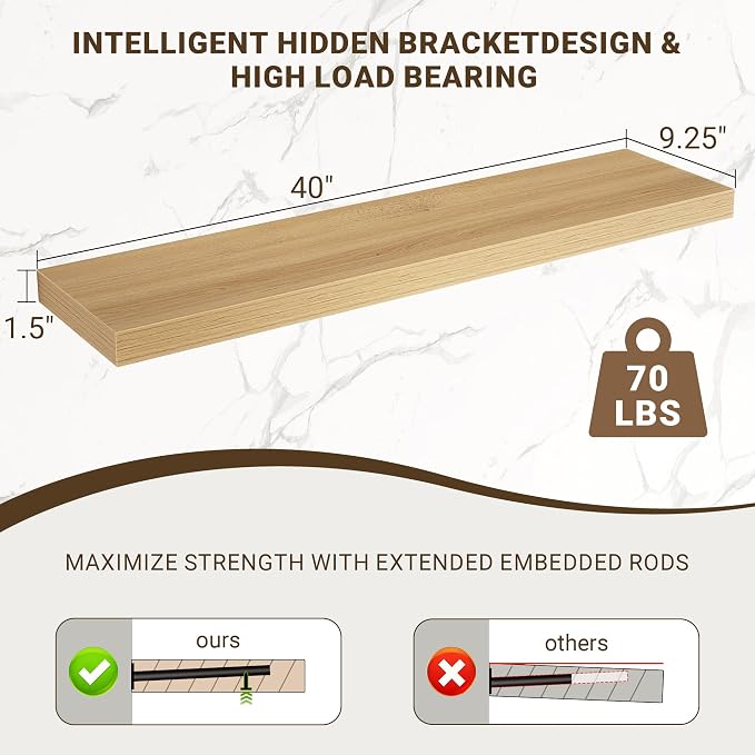 Acovy 40 Inch Floating Shelves, 3D Textured Wood Grain, Wooden Shelves - Image 3