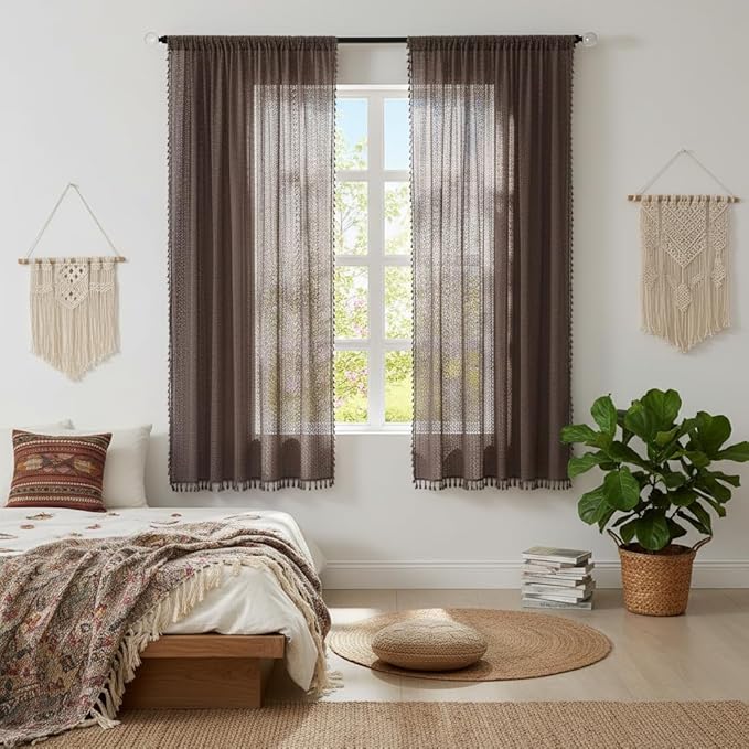 WAZZIO Boho Lace Curtains 63 Inches 2 Panel, Light Filtering Privacy Tassel & by WAZZIO
