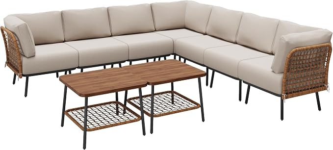 9-Piece Patio Conversation Sets, Rattan Outdoor 7-Seat Sectional Sofa, Wicker - Image 8