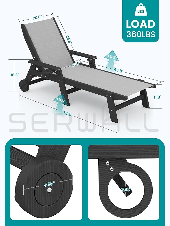 SERWALL Textilene Patio Chaise Lounge Chair Set of 2 - Image 2