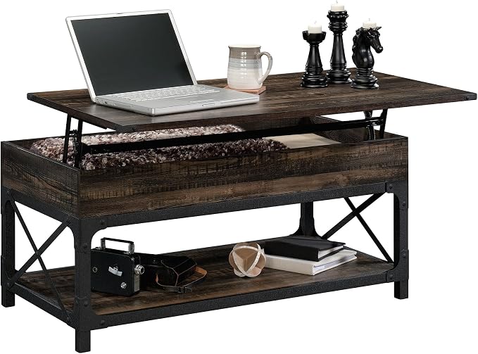 Industrial Lift Top Coffee Table 41 in, Wood Living Room Table - Image 3