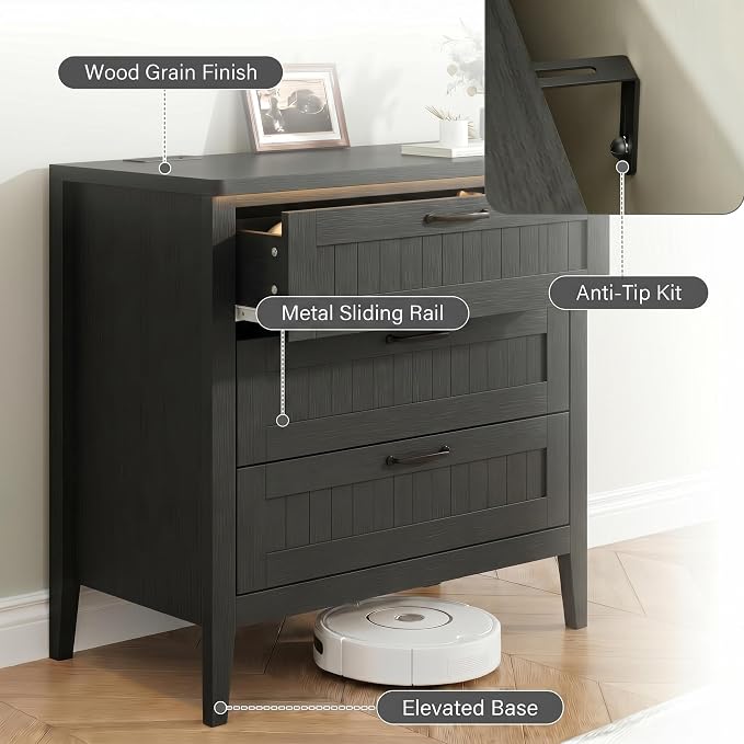 GarveeLife 3 Dresser Drawer for Bedroom, 27.6" Wide Wood Bedside Table for - Image 4