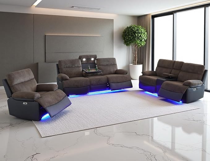 Power Recliner Sofa Set, Corduroy & Leather Fabric Reclining Sofa Couch by LYfurniture