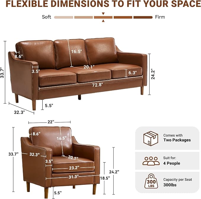 Kingfun Living Room Furniture Sets, 3 Seater Couch and Armchair, Mid Century - Image 2