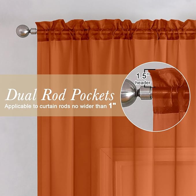 Lecloud Orange Sheer Curtains 72 Inches Long 2 Panels, Rod Pocket Voile Light - Image 2