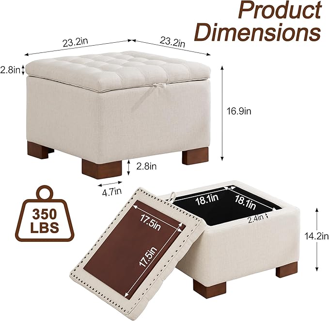 WUTUTUEE 24" Square Fabric Storage Ottoman - Image 2