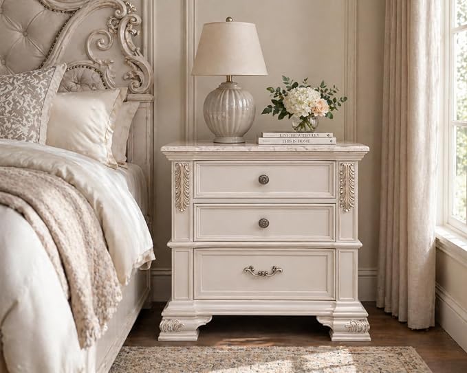 First of a Kind Traditional Wood Bedside Table Santa Monica Collection White by FirstofaKind