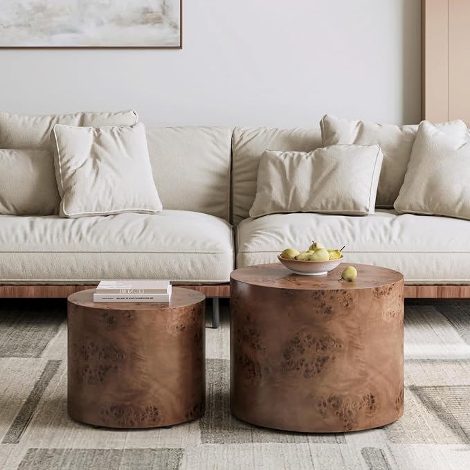 Round Nesting Coffee Table Set of 2, Modern Wooden Circle Burl Accent Tables - Image 4