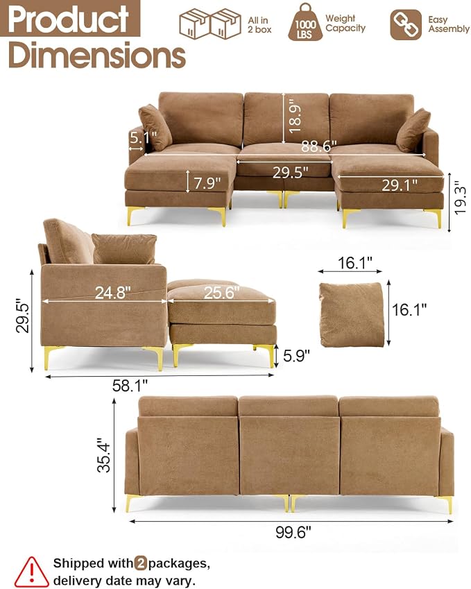 Karl home 99.6" Sectional Sofa, U-Shaped Chenille Upholstered Couch - Image 2