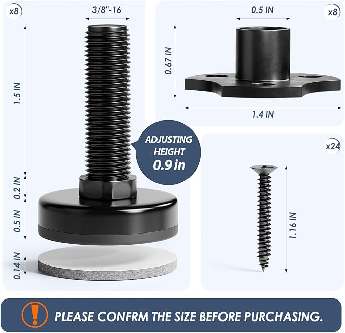MROCO Adjustable Leveling Feet, 3/8"-16 Thread T-Nut Kit Furniture Levelers - Image 2