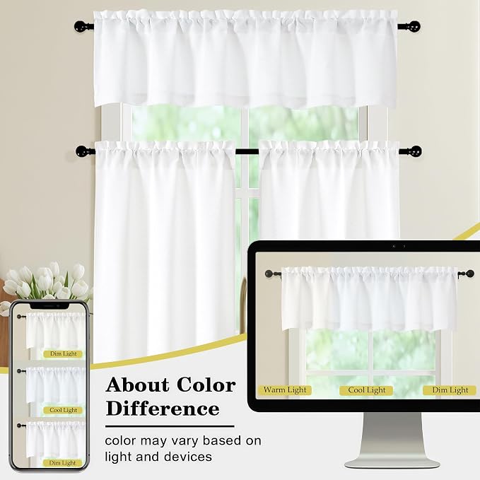 White Valances for Windows, Light Filtering Faux Linen Textured Small Short - Image 8