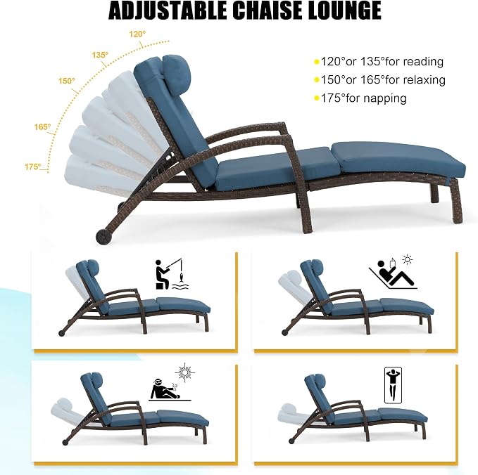 HOMREST Chaise Lounge Chairs Set of 2, PE Rattan Wicker Patio Lounge Chair - Image 3