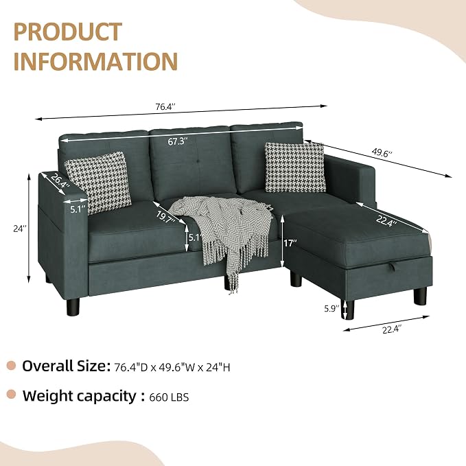 JAMFLY Convertible L-Shaped Sectional Sofa - Image 2