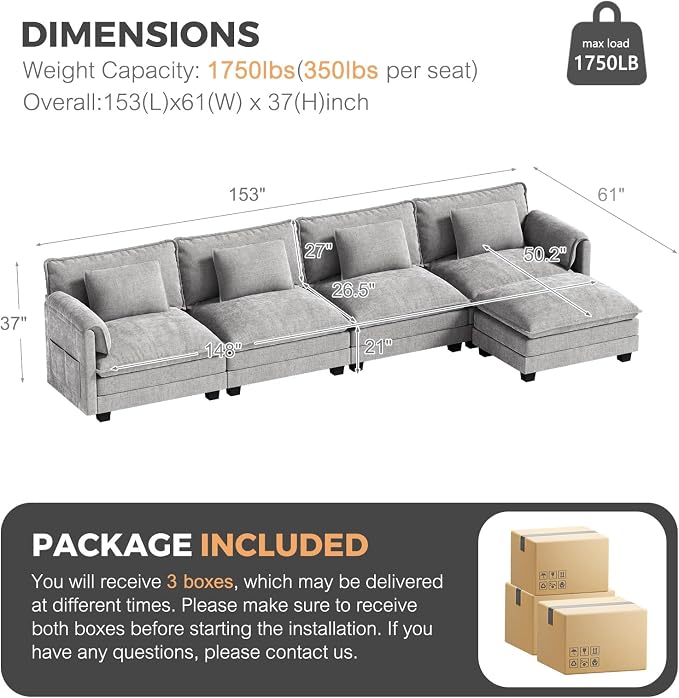 ELUCHANG Oversized 153" Modular Sectional Sofa, Comfy Cloud Couch, L Shaped - Image 2
