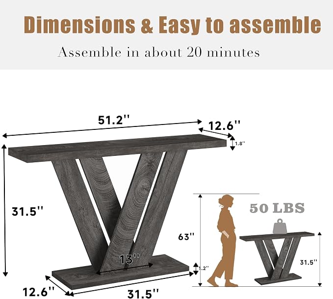 karlott 51 Inch Console Table, Modern V-Shaped Entryway Table, Wood Sofa Table - Image 2