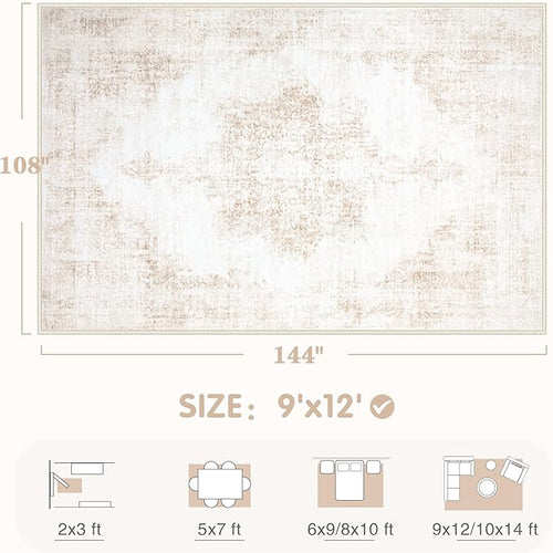 Area Rug 9x12 Vintage Rugs: Large Washable Living Room Rug Retro Medallion - Image 2