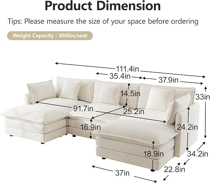 mikibama Modular Sectional Sofa, 111.5 Inch U Shaped Couch Set - Image 2