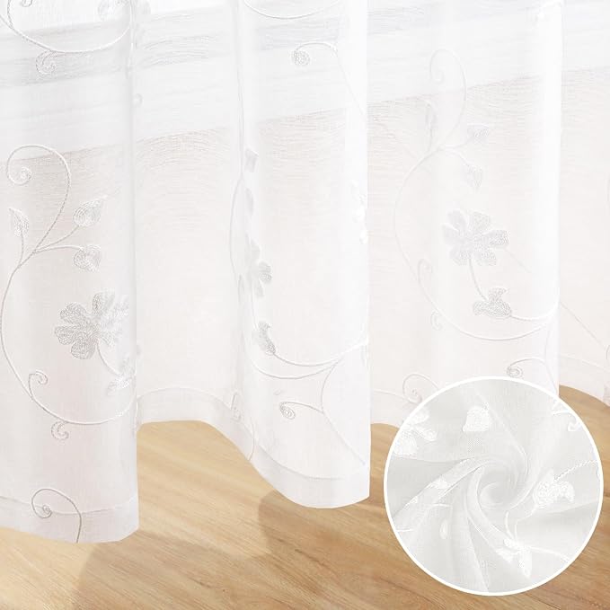 HOMEIDEAS White Sheer Curtains 63 Inch Length 2 Panels White Embroidered Floral - Image 7