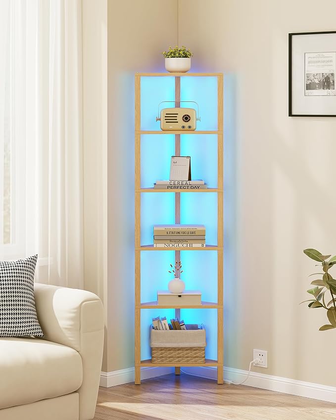 TUTOTAK Corner Shelf with LED Light, 6-Tier Corner Bookshelf - Image 5