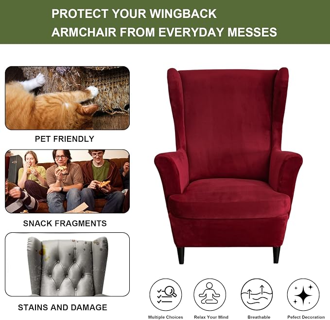 HAOYONG Velvet Wingback Armchair Covers 2-Piece Elastic Stretch Wingback Chair - Image 5