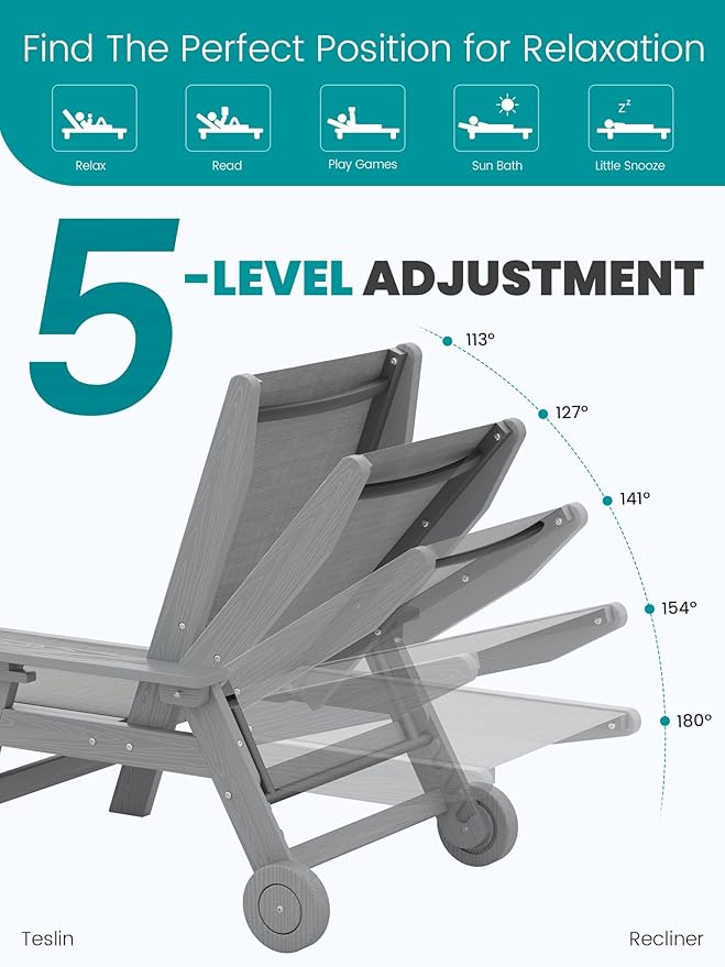 SERWALL Textilene Patio Chaise Lounge Chair, 5 Positions Adjustable Outdoor - Image 5