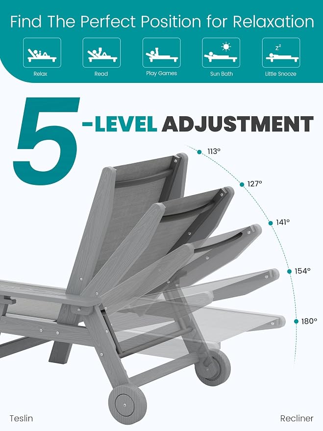 SERWALL Textilene Patio Chaise Lounge Chair Set of 2, 5 Positions Outdoor - Image 4
