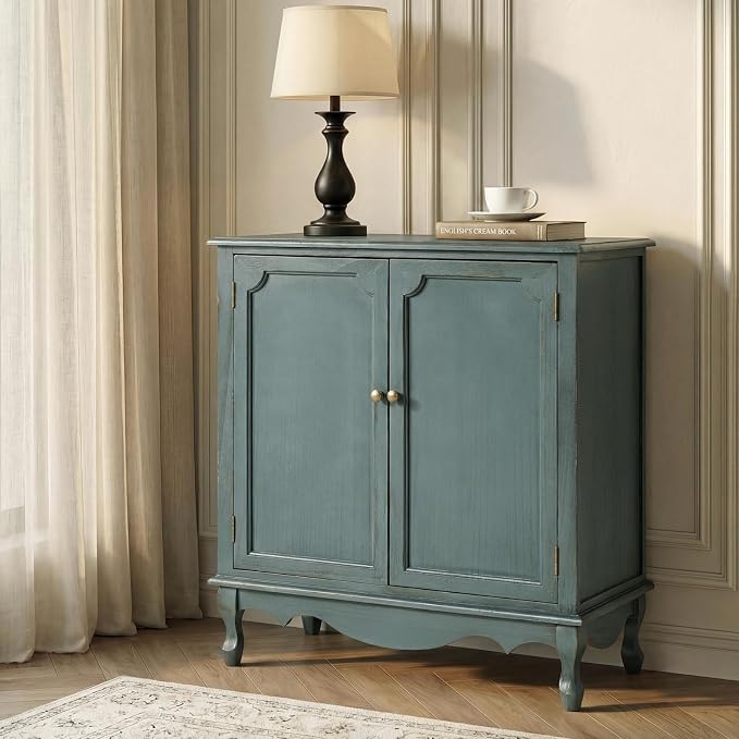 Solid Wood Sideboard with Adjustable Feet, 2 Shelves Storage Accent Cabinet - Image 3