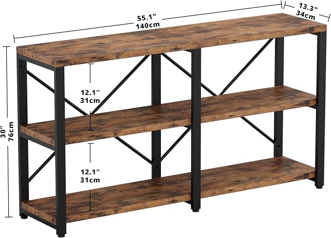 IRONCK Bookshelf Double Wide 55 in 3-Tier, Industrial Bookcases, Wood and Metal - Image 2