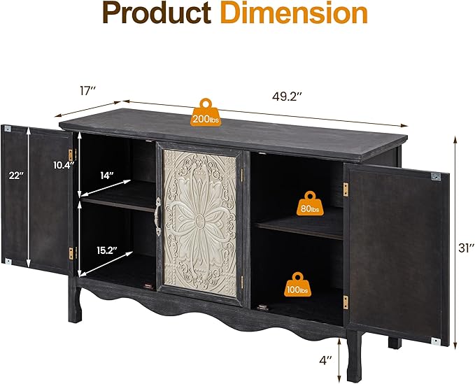 RoyalCraft Buffet Cabinet with Storage, Vintage Solid Wood Sideboard with 3 - Image 2