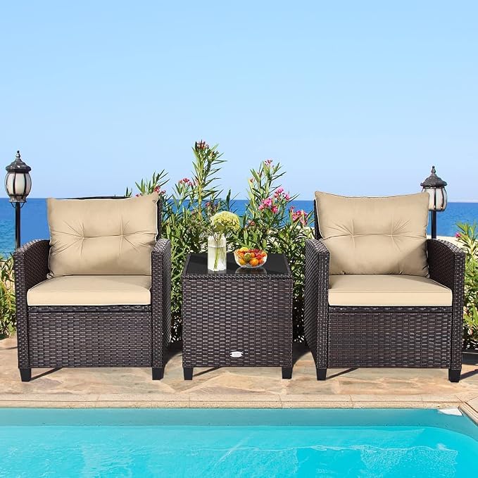 HAPPYGRILL 3 Pieces Patio Conversation Set, Outdoor Furniture Set PE Rattan - Image 3