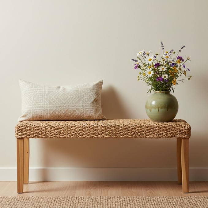 Indoor Bench Wicker for Entryway Bench, Wood Bench for Living Room Dining Bench - Image 6