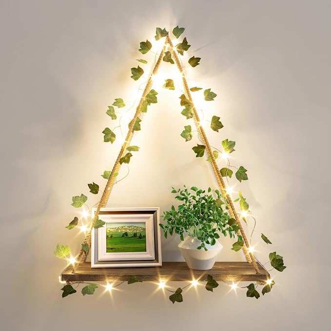 RICHER HOUSE Artificial Ivy LED-Strip Wall Hanging Shelves, Macrame Shelf by RicherHouse