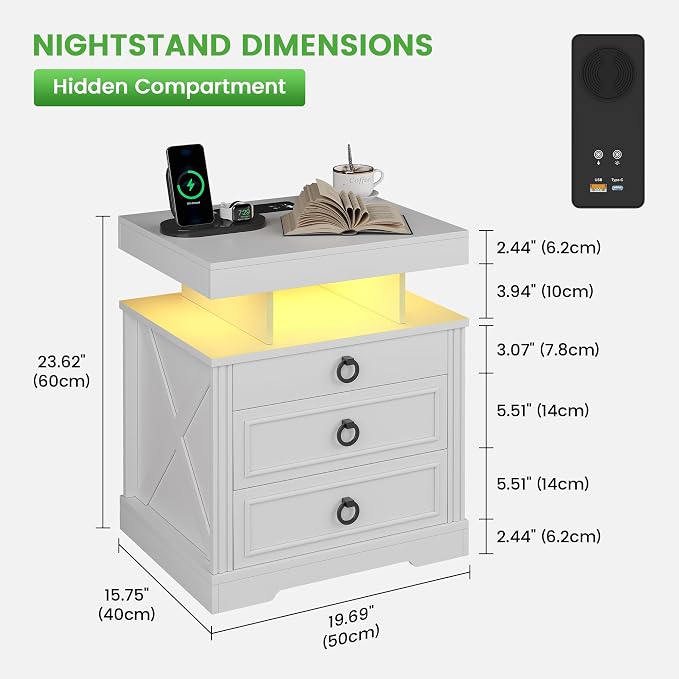 HNEBC Night Stand Set 2 with Gun Drawers, Farmhouse Nightstand with Charging - Image 2