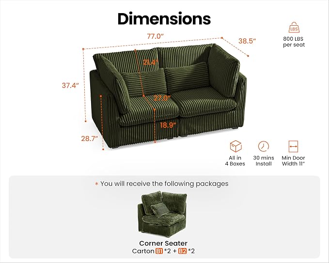 77" Oversized Corduroy Couch Modular Sectional Sofa, Washable Cloud Couch - Image 2