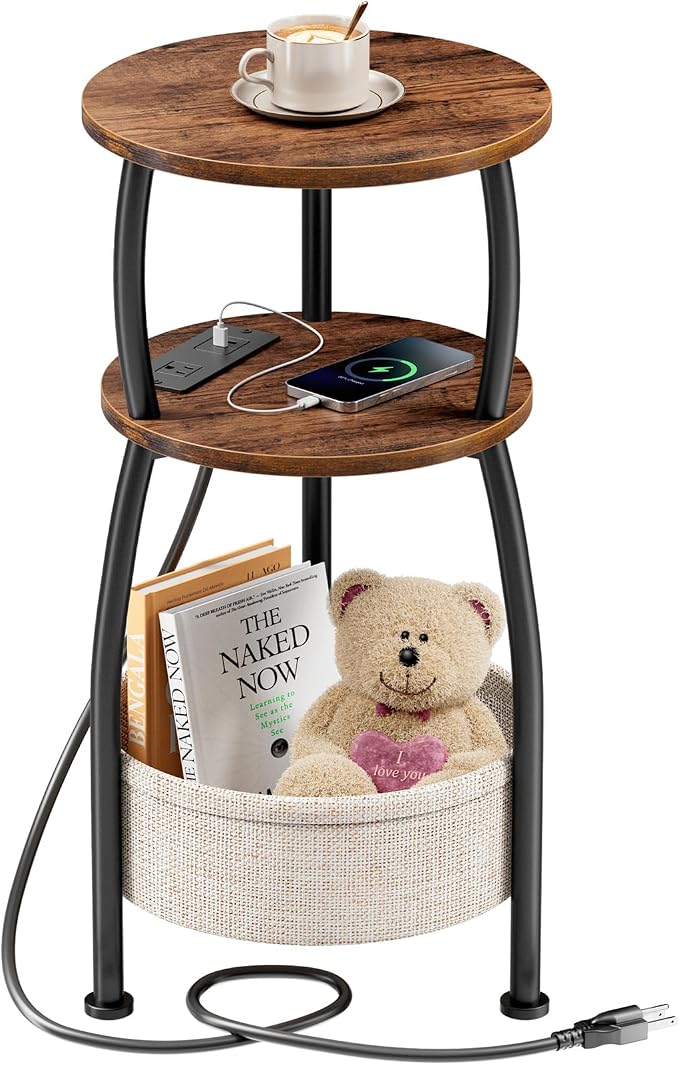 Side Table with Charging Station, Small Round End Table with Basket, USB Port by designyourhome