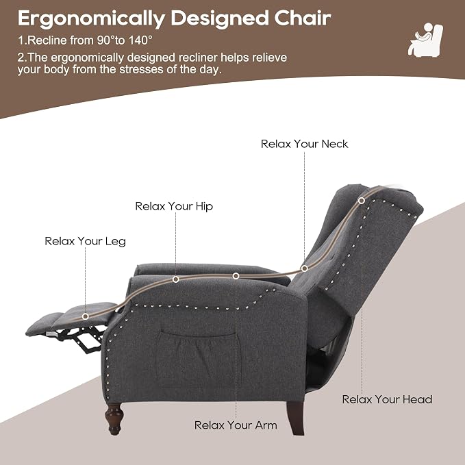 Wingback Recliner Chair with Massage and Heat, Tufted Fabric Push Back Recliner - Image 5