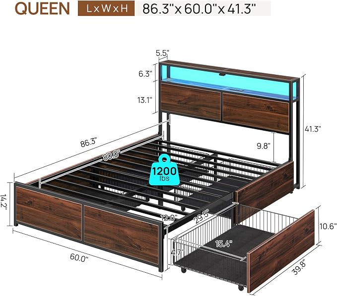 Rolanstar Queen Bed Frame with 4 Storage Drawers, Charging Station and LED - Image 2