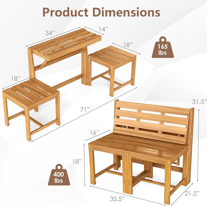 Tangkula 3-in-1 Convertible Bench Picnic Table, Space-Saving Patio Convert A - Image 9