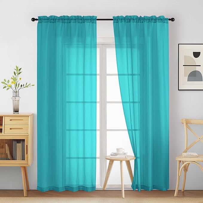 Turquoise Sheer Curtains 84 Inches Long 2 Panels, Elegant Airy Transparent by Home