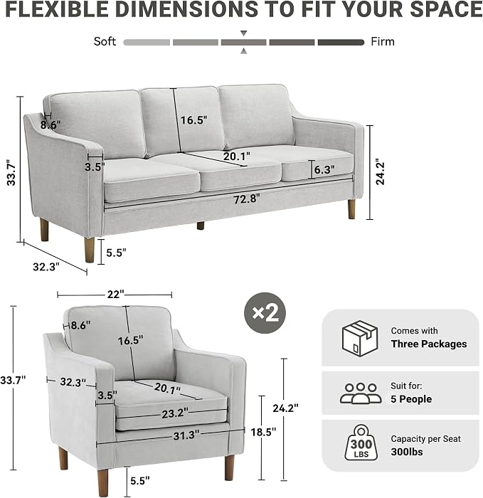 Kingfun Living Room Furniture Sets, 3 Seater Couch and 2 Armchair, Mid Century - Image 2