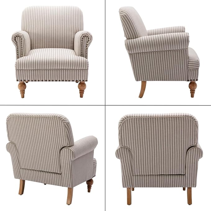 Khaki Striped Linen Fabric Accent Chair, Modern Farmhouse Upholstered Armchair - Image 7