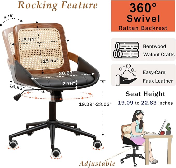 Home Office Desk Chair with Ergonomic Rattan Backrest, Walnut Crafts, Curved - Image 2