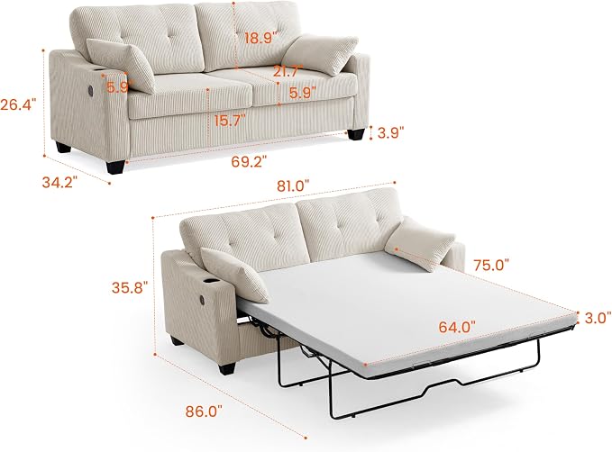 Queen Size Pull Out Sleeper Sofa Bed, 2-in-1 Convertible Corduroy Pull Out - Image 2