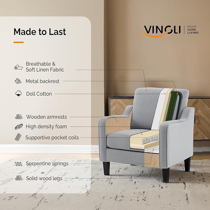 VINGLI Modern Accent Chairs Set of 2, Upholstered Sofa Chair Reading Chair - Image 9