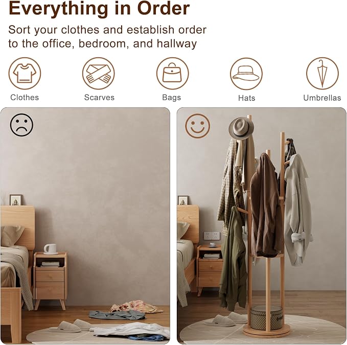 Muwuele Solid Wood Rotary Coat Rack, Freestanding Coat Rack - Image 6