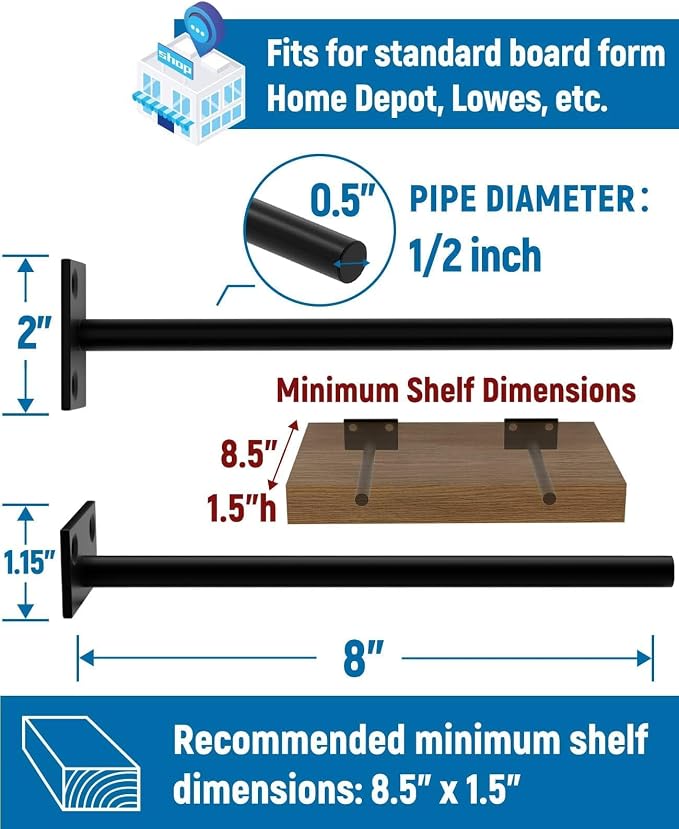 LEOPO Black 8-Pack 8 inch Floating Shelf Brackets, Hidden Shelf Bracket - Image 3